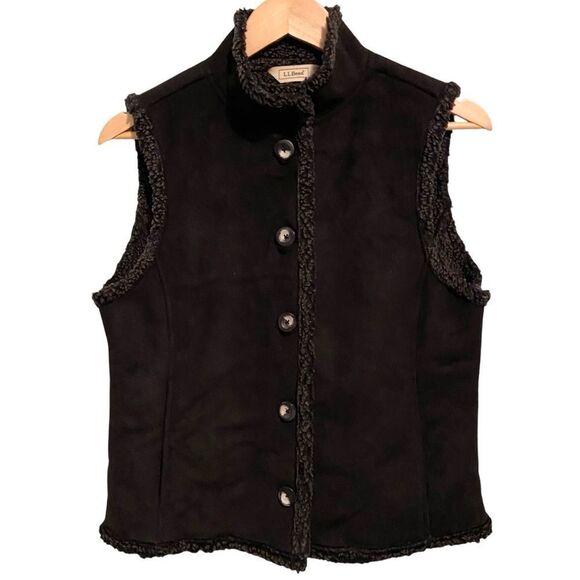L.L. Bean Faux Suede Sherpa Vest in Black Size Petite Small - Picture 1 of 8
